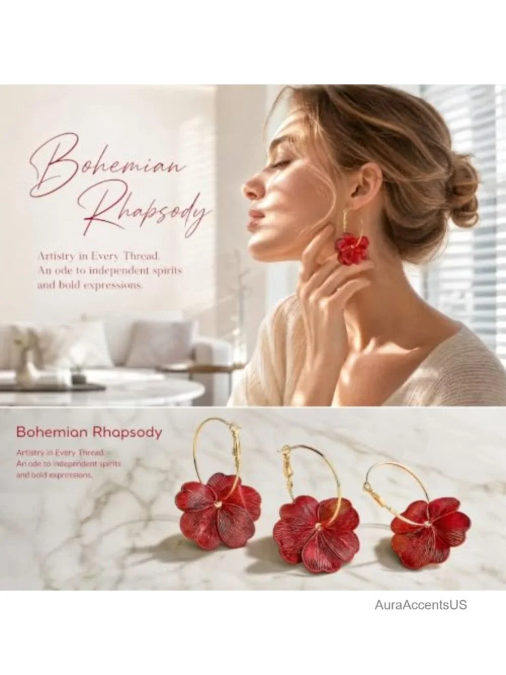 14K Gold Plated Flower Dangle Earrings Hypoallergenic Waterproof Copper